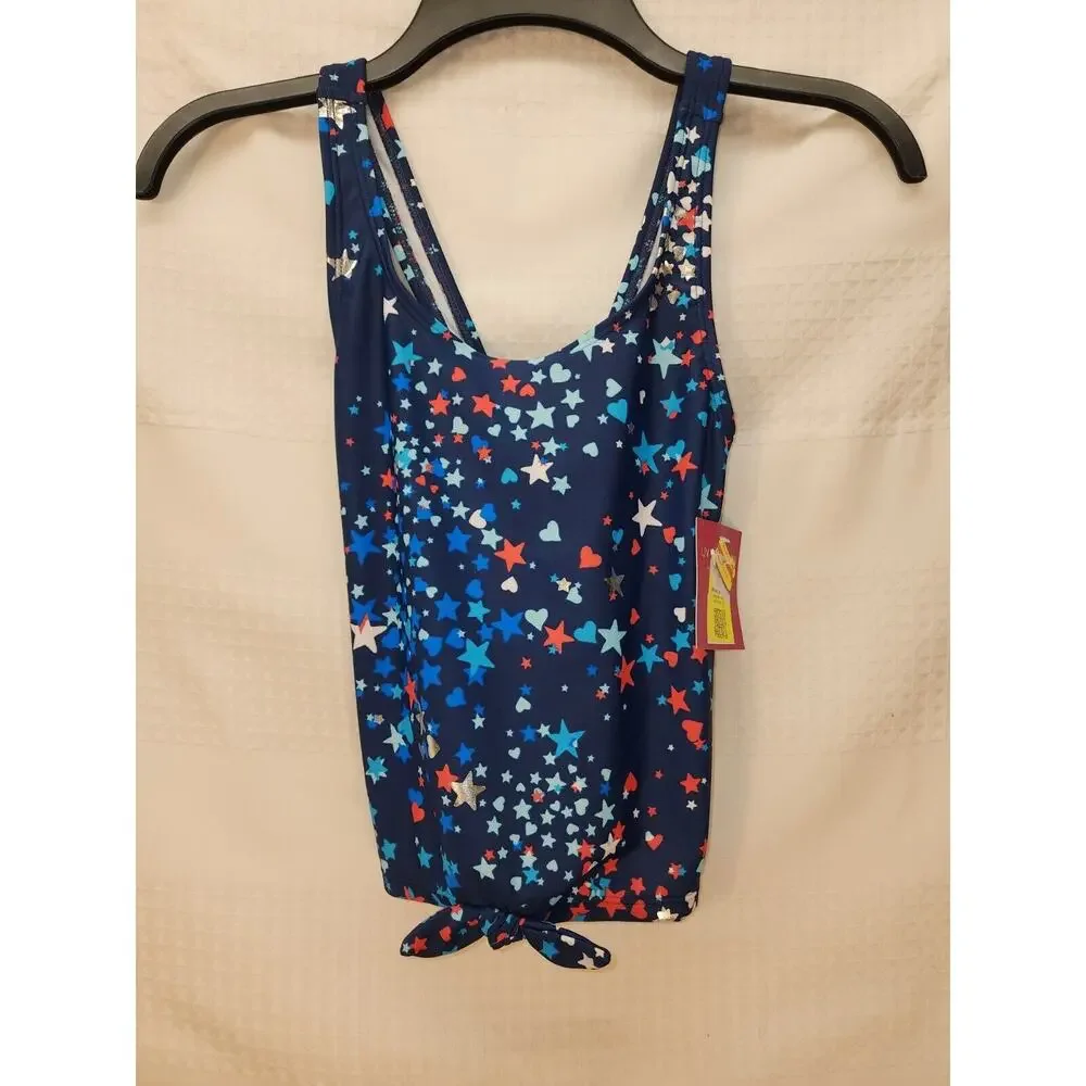SO Girls Size 12 Tankini Top Stars 4th Of July Blue Red White Tie at Hem 8112 - Picture 1 of 5